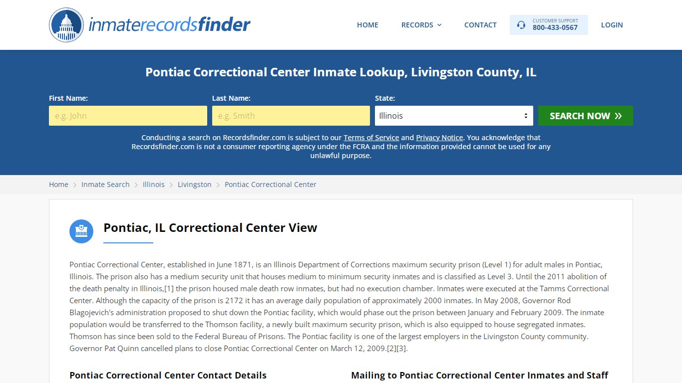 Pontiac Correctional Center Inmate Lookup, Livingston County, IL